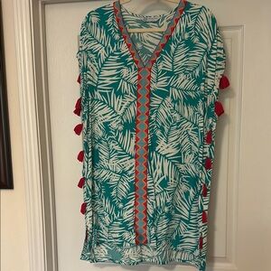 Tropical Leaf Print Tunic with Tassels